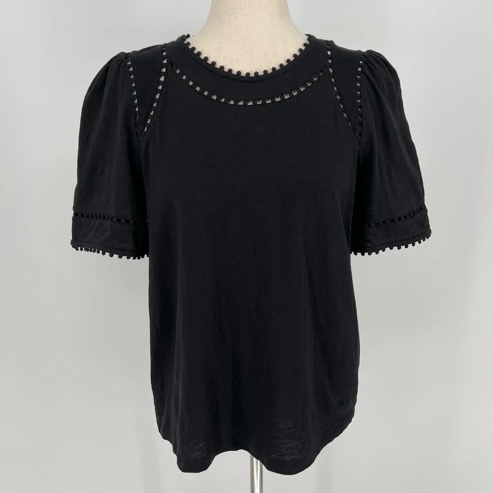 Boden Womens Mila Pom Pom Trim Short Puff Sleeve Top Size 8 Black Cotton Boho